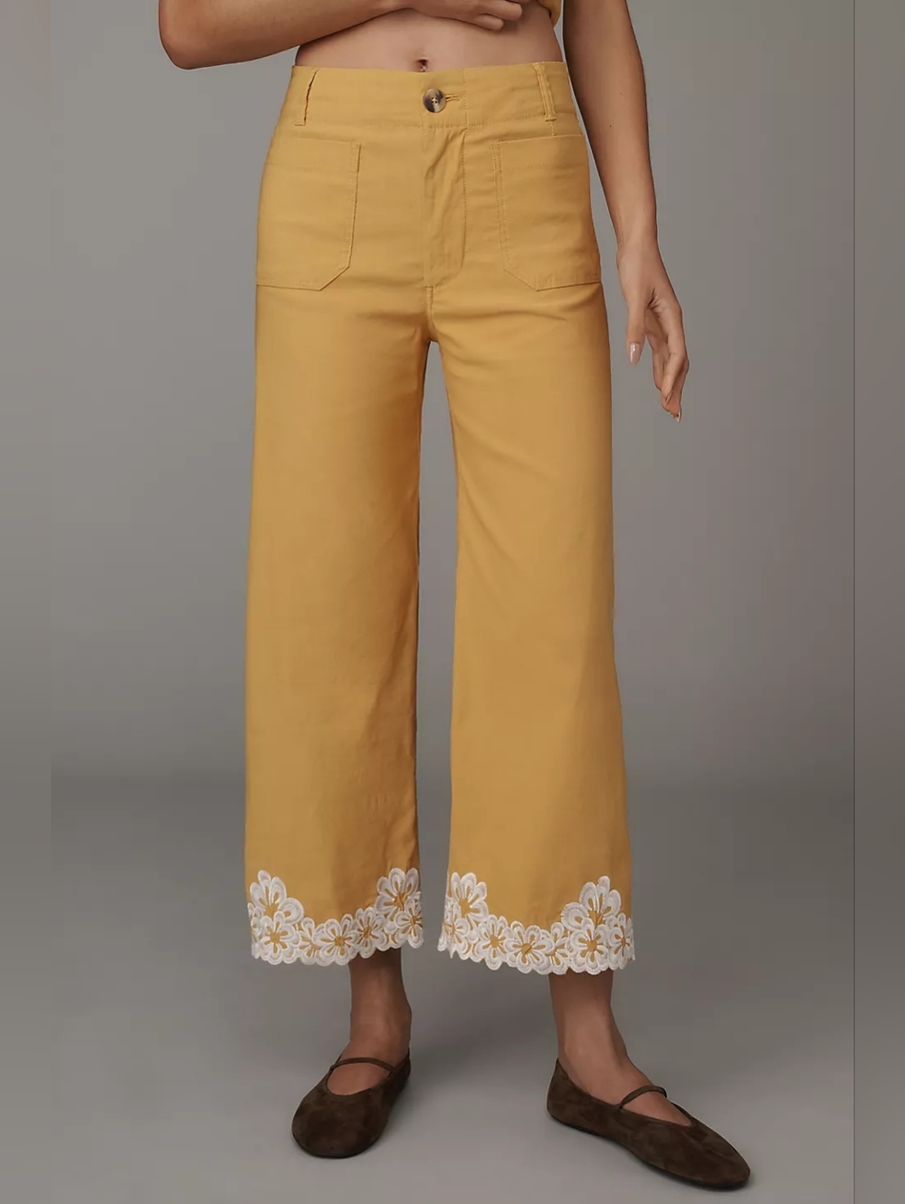Anthropologie The Colette Mustard Floral Embroidered Crop Wide-Leg Pants  Maeve